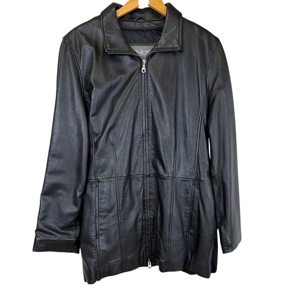 Wilsons Leather Black Zip Up Belted Hand Pocket Heavy Jacket Coat Size XL